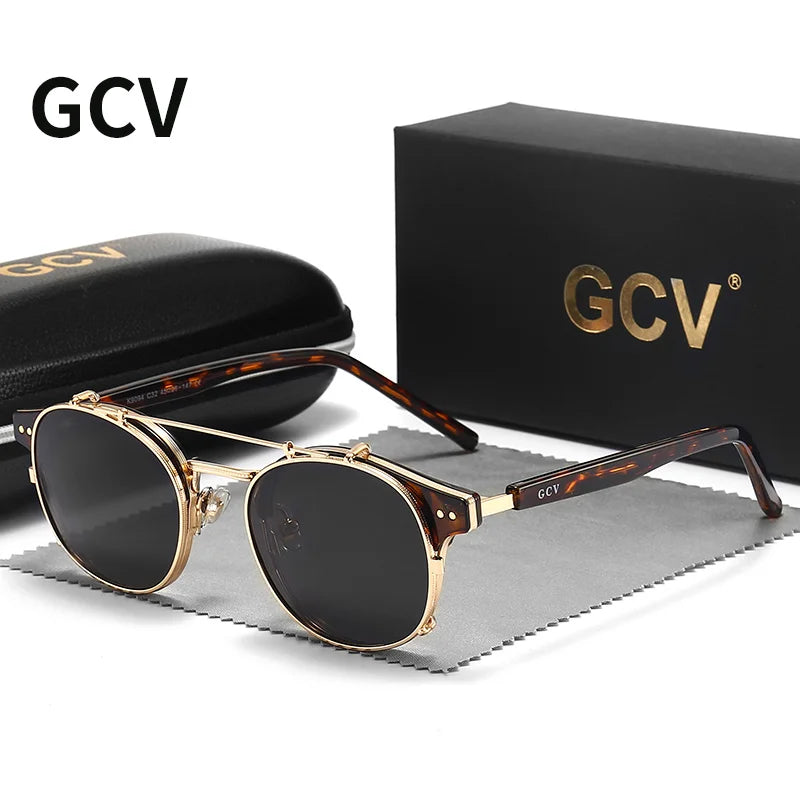GCV Double Layer Sunglasses – Removable Lens, Polarized, Retro Steampunk Style