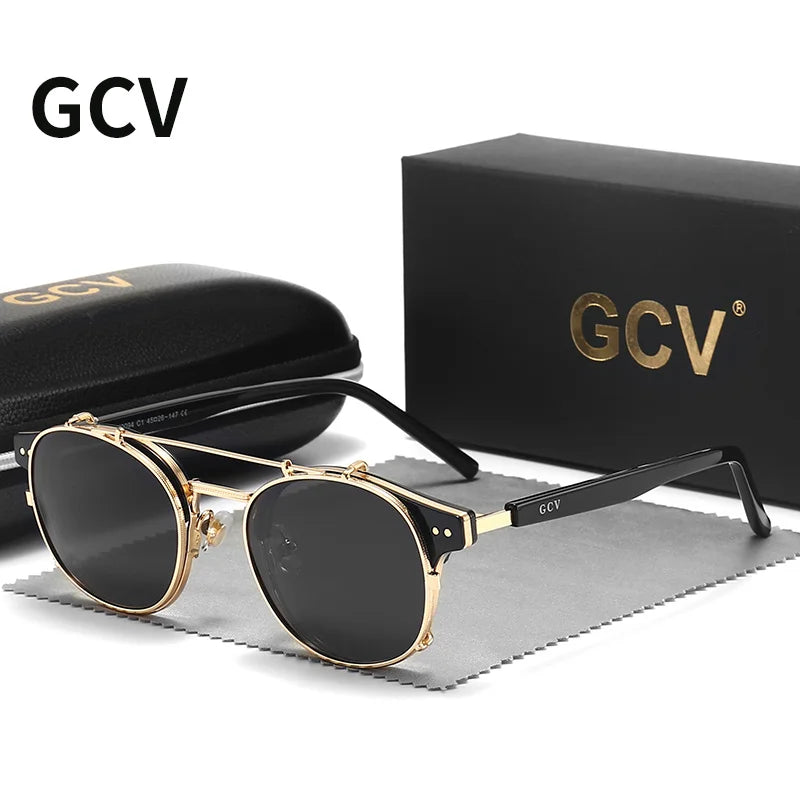 GCV Double Layer Sunglasses – Removable Lens, Polarized, Retro Steampunk Style