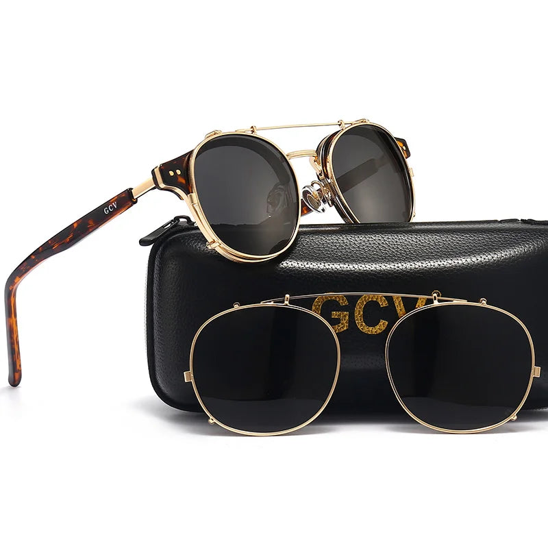 GCV Double Layer Sunglasses – Removable Lens, Polarized, Retro Steampunk Style