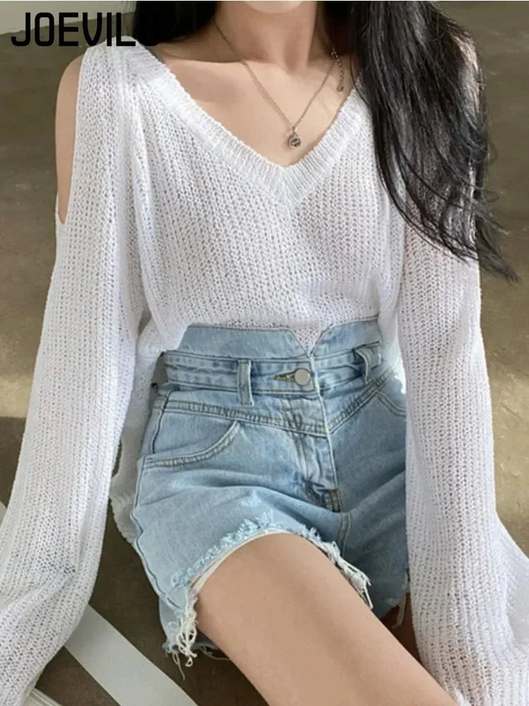 JOEVILU V-neck Knitted Off-Shoulder Sweater – Casual Korean Fashion Streetwear Pullover