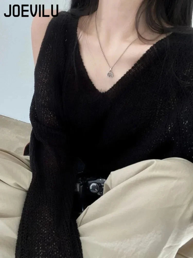 JOEVILU V-neck Knitted Off-Shoulder Sweater – Casual Korean Fashion Streetwear Pullover