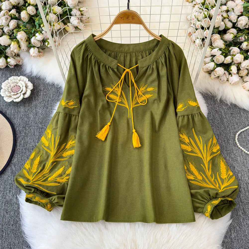 Women’s Retro Ethnic Embroidered Blouse | Lace-Up O-Neck, Lantern Sleeves, Loose Fit