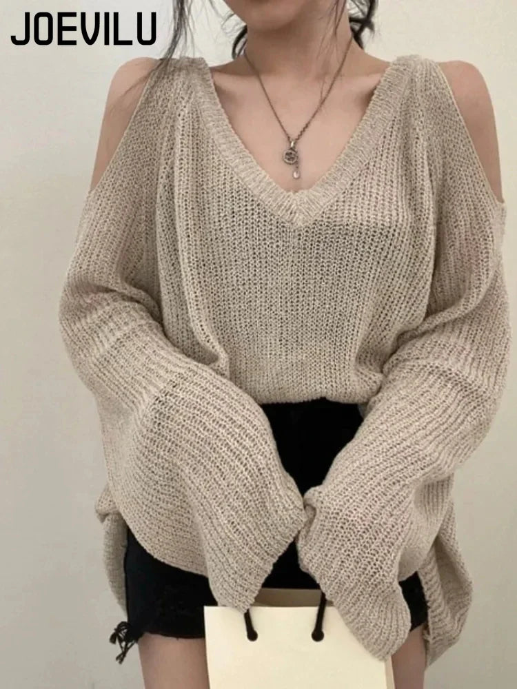 JOEVILU V-neck Knitted Off-Shoulder Sweater – Casual Korean Fashion Streetwear Pullover