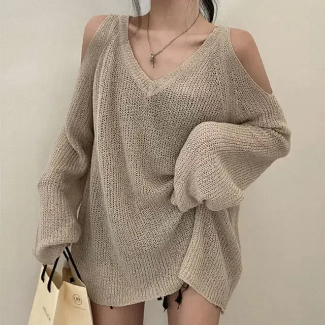 JOEVILU V-neck Knitted Off-Shoulder Sweater – Casual Korean Fashion Streetwear Pullover