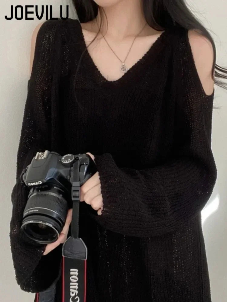JOEVILU V-neck Knitted Off-Shoulder Sweater – Casual Korean Fashion Streetwear Pullover