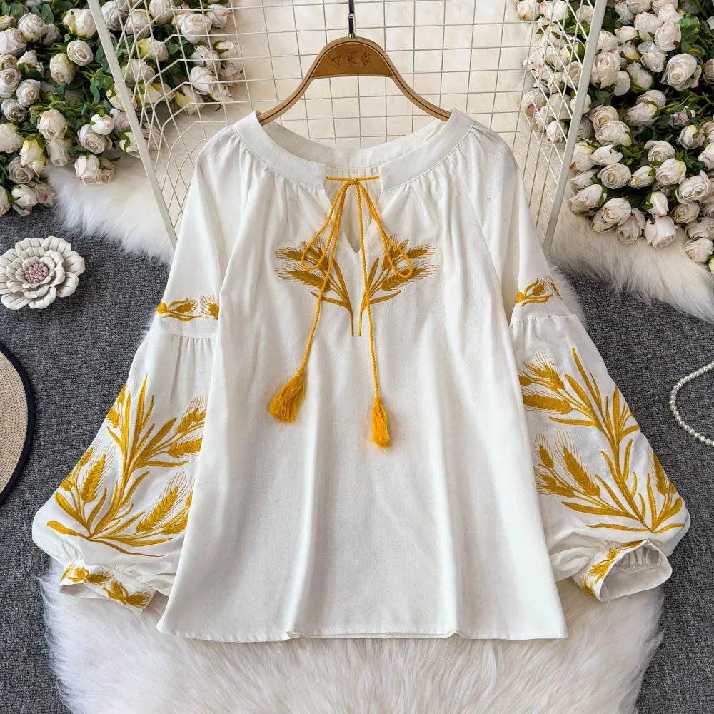 Women’s Retro Ethnic Embroidered Blouse | Lace-Up O-Neck, Lantern Sleeves, Loose Fit