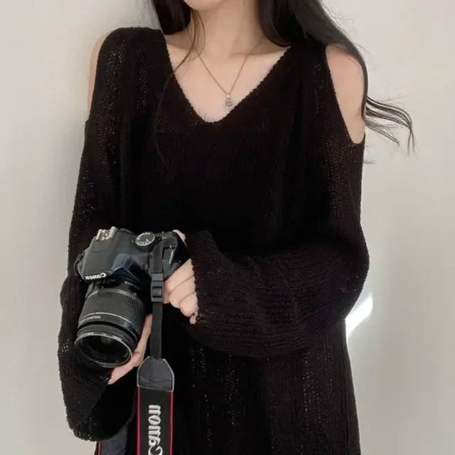 JOEVILU V-neck Knitted Off-Shoulder Sweater – Casual Korean Fashion Streetwear Pullover