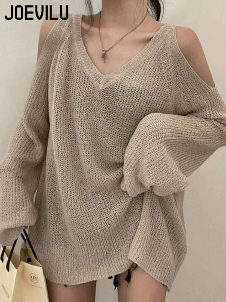 JOEVILU V-neck Knitted Off-Shoulder Sweater – Casual Korean Fashion Streetwear Pullover