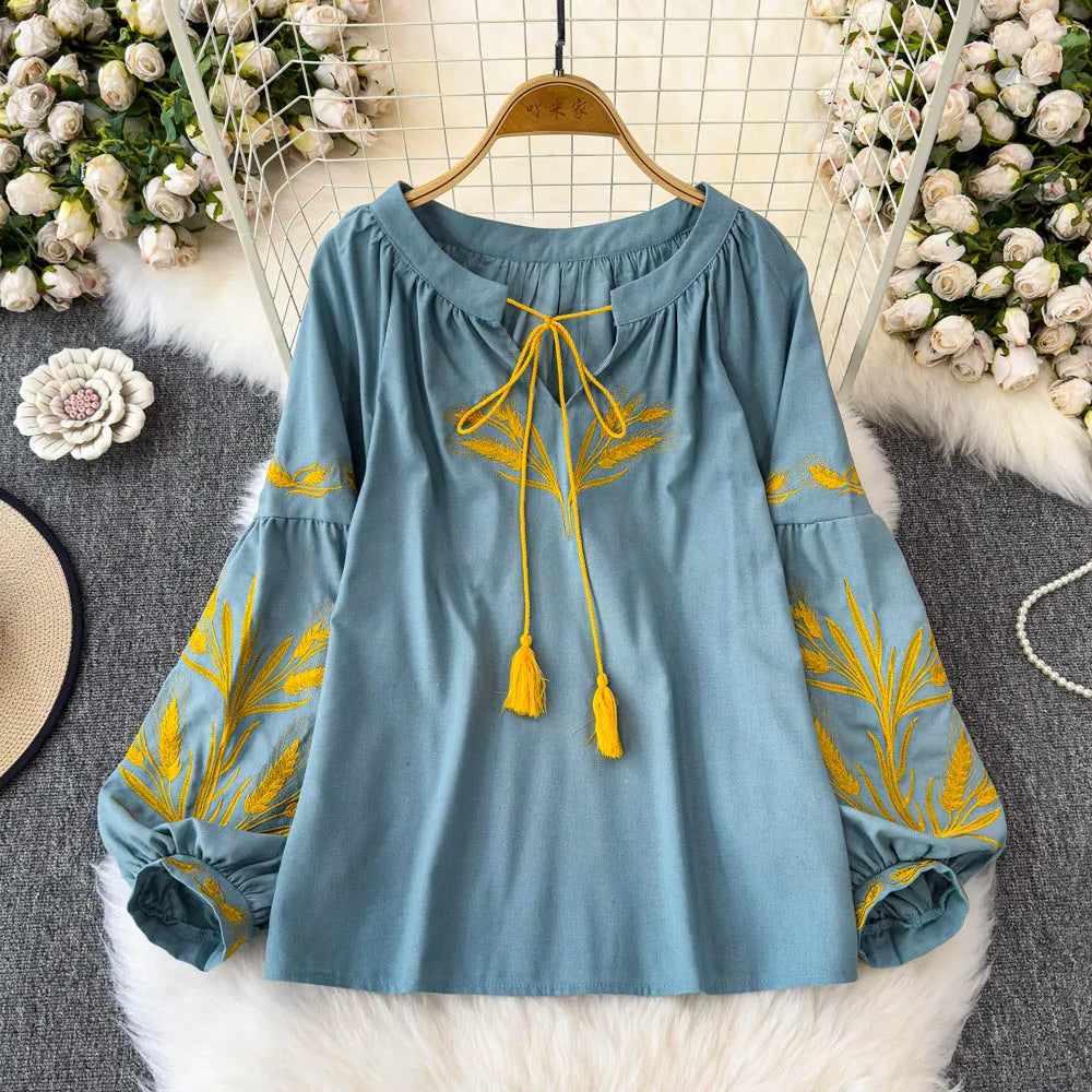 Women’s Retro Ethnic Embroidered Blouse | Lace-Up O-Neck, Lantern Sleeves, Loose Fit