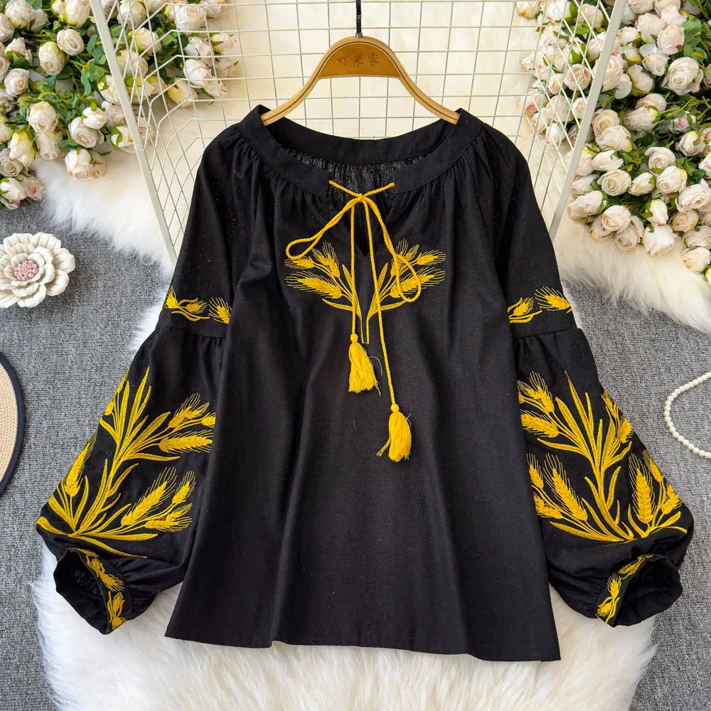 Women’s Retro Ethnic Embroidered Blouse | Lace-Up O-Neck, Lantern Sleeves, Loose Fit