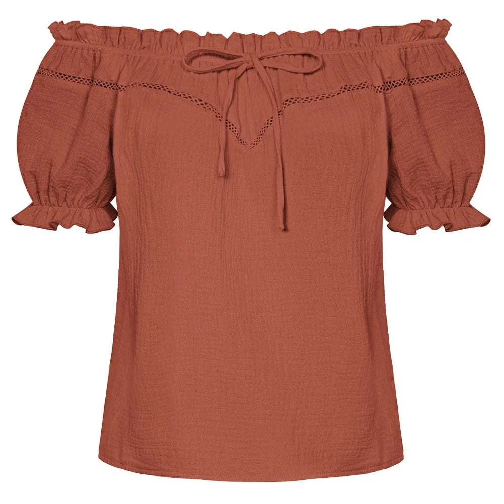SD Women Renaissance Cotton Tops Short Sleeve Crew Neck Off Shoulder Tops