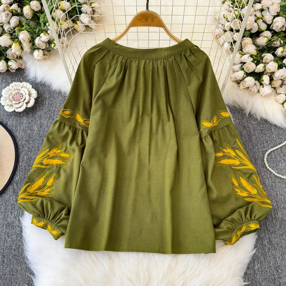 Women’s Retro Ethnic Embroidered Blouse | Lace-Up O-Neck, Lantern Sleeves, Loose Fit