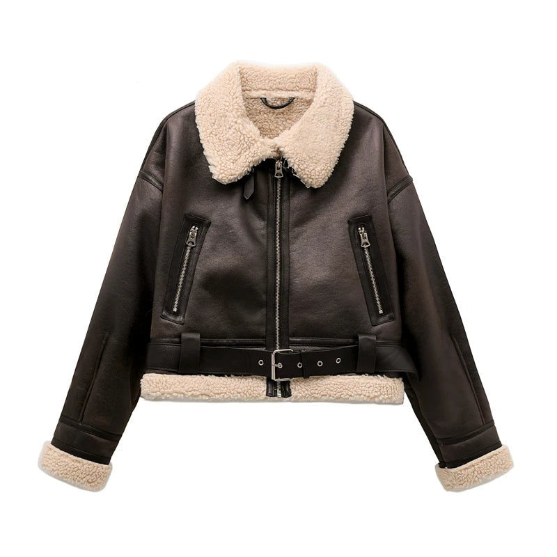 Women's leather winter jacket with vintage design and adjustable belt.