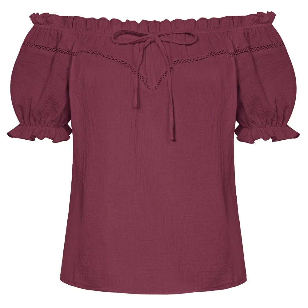 SD Women Renaissance Cotton Tops Short Sleeve Crew Neck Off Shoulder Tops