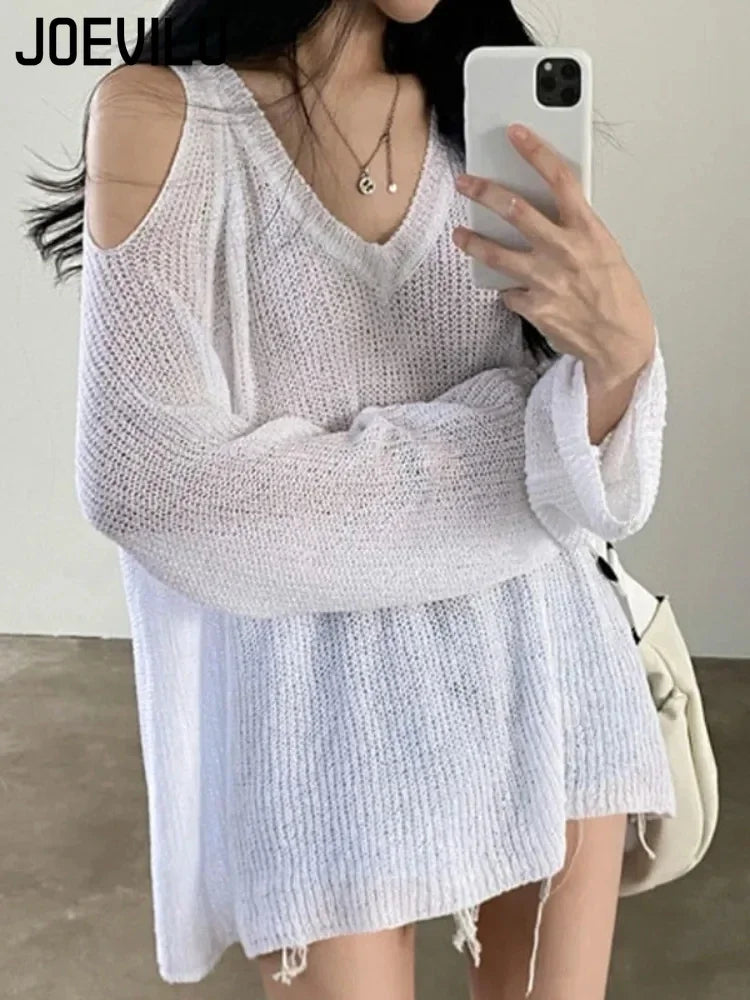 JOEVILU V-neck Knitted Off-Shoulder Sweater – Casual Korean Fashion Streetwear Pullover