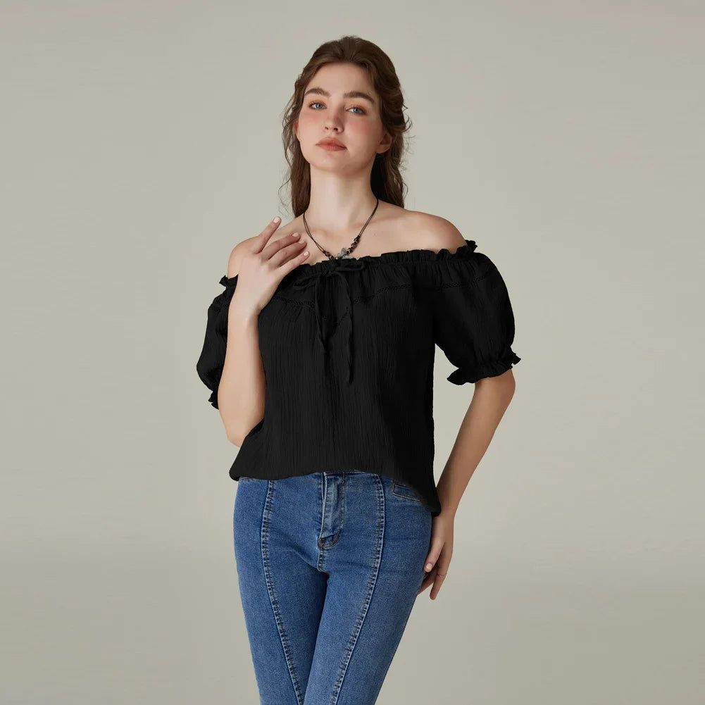 SD Women Renaissance Cotton Tops Short Sleeve Crew Neck Off Shoulder Tops
