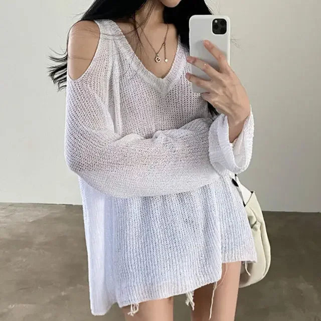 JOEVILU V-neck Knitted Off-Shoulder Sweater – Casual Korean Fashion Streetwear Pullover